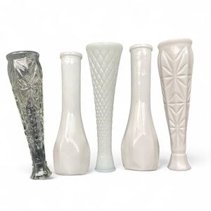 Vintage Milk Glass Geometric Diamond Patterned Vases Set of 5 - 4 white, 1 clear